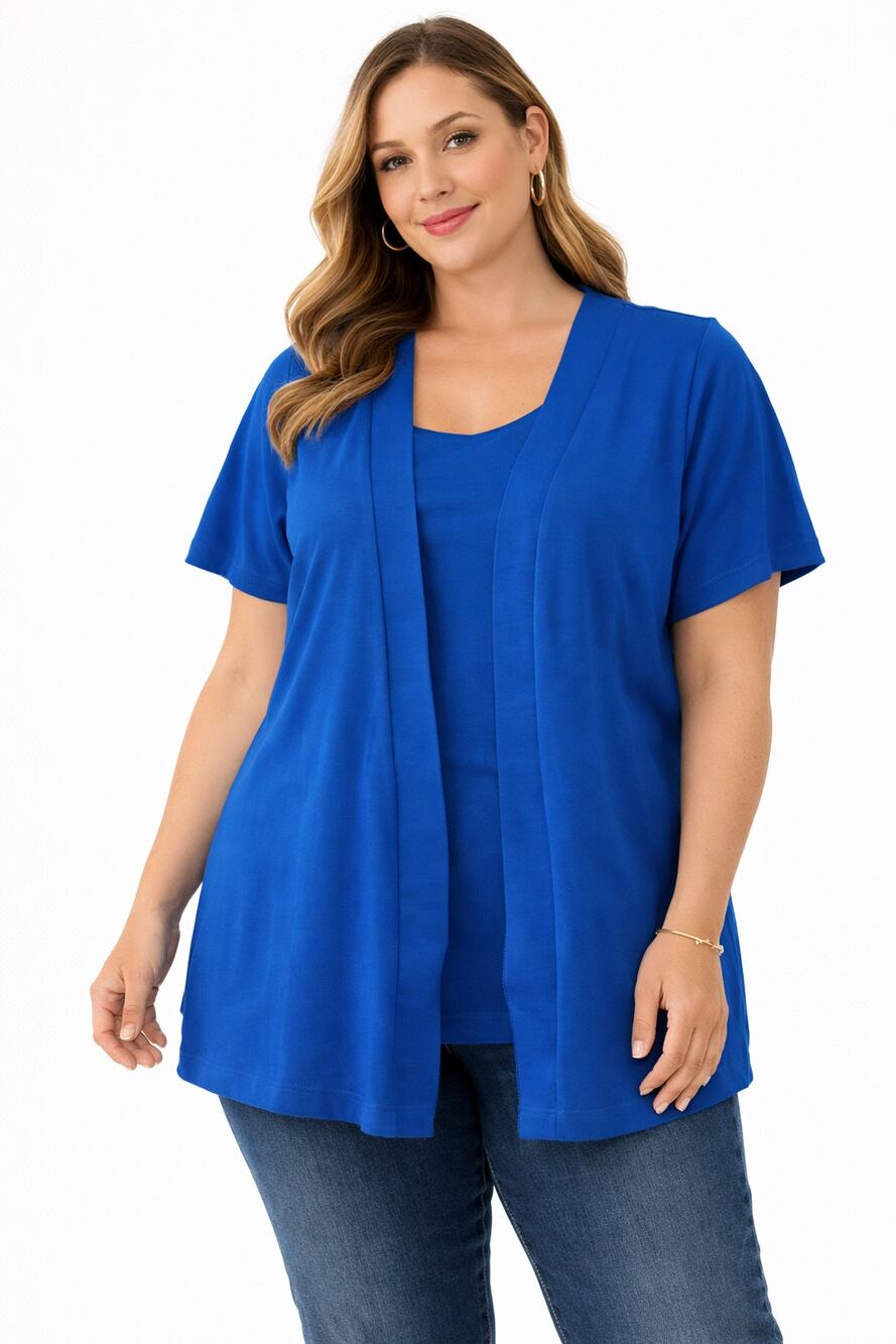 Isaac Mizrahi Live Essentials 1X Blue One-Piece Layered Top Cardigan Combo Pima